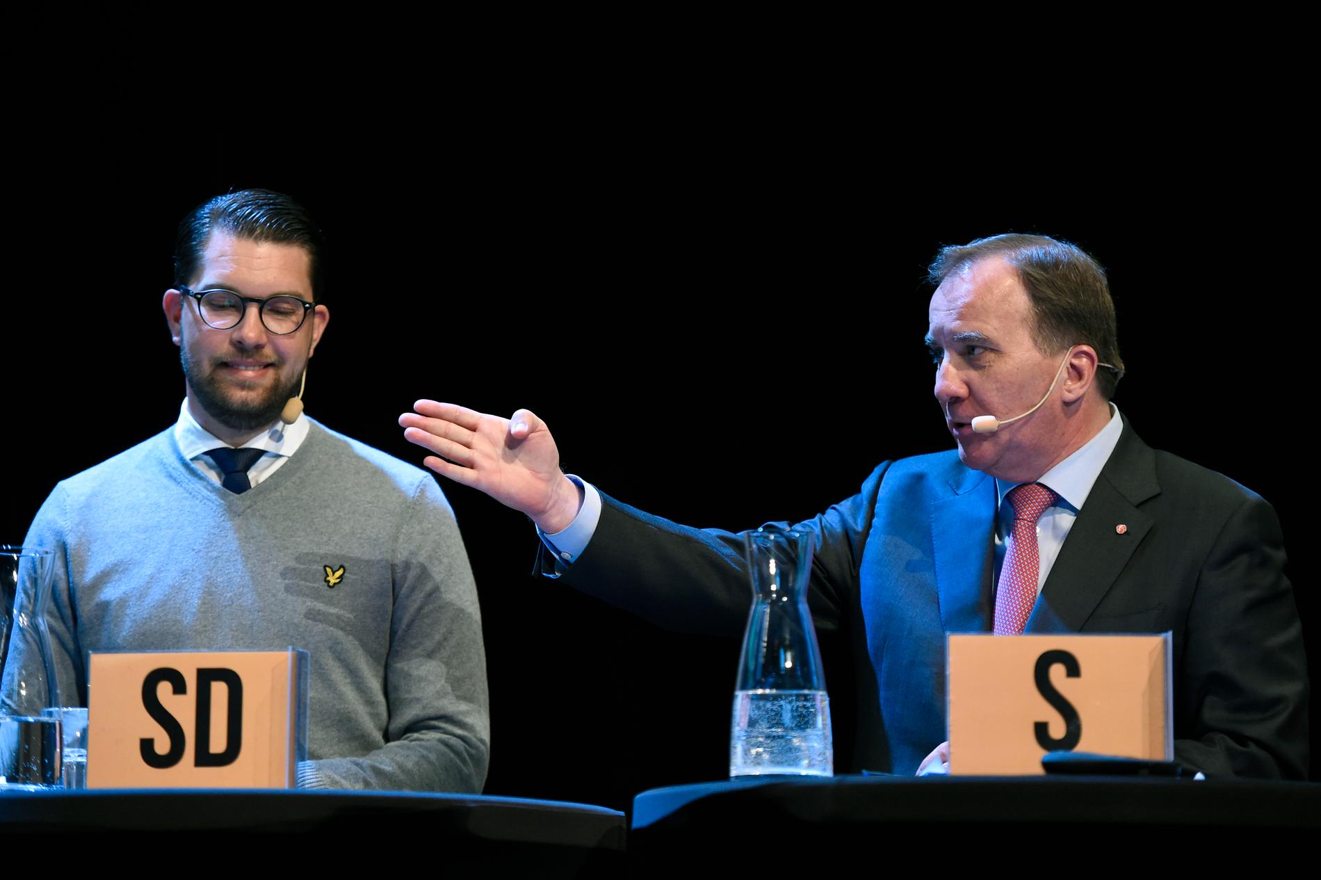 Jimmie Åkesson och Stefan Löfvens partier kan bli lika stora i EU-parlamentet. Arkivbild.