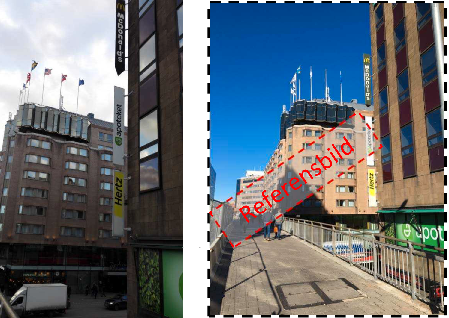 Klarabergsgatan. Bild från Akilovs mobil samt polisens referensbild. 