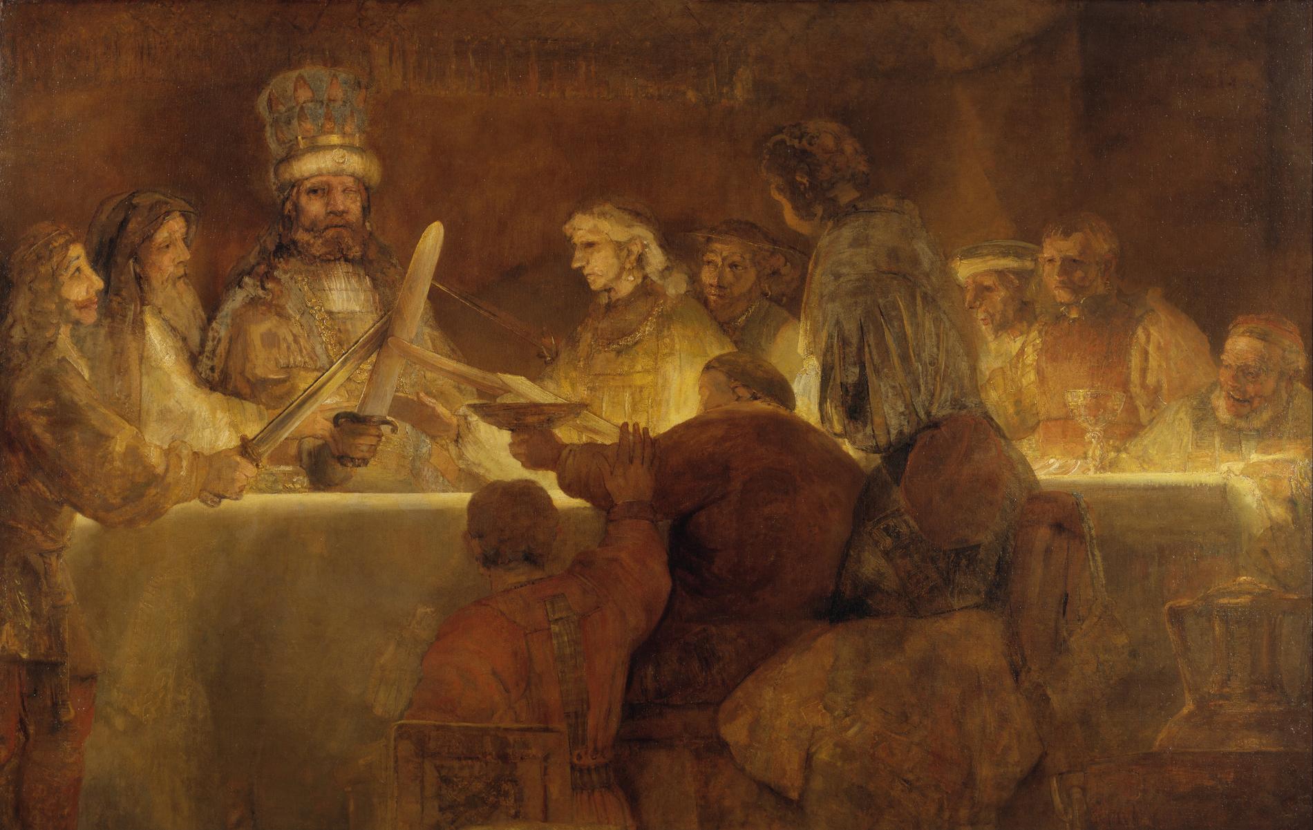 Rembrandts ”Batavernas trohetsed till Claudius Civilis”, målad 1661–1662.