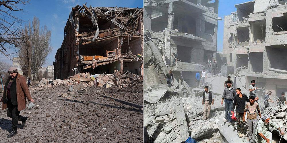 Till vänster: Mariupol, mars 2022. Till höger: Douma, augusti 2015.