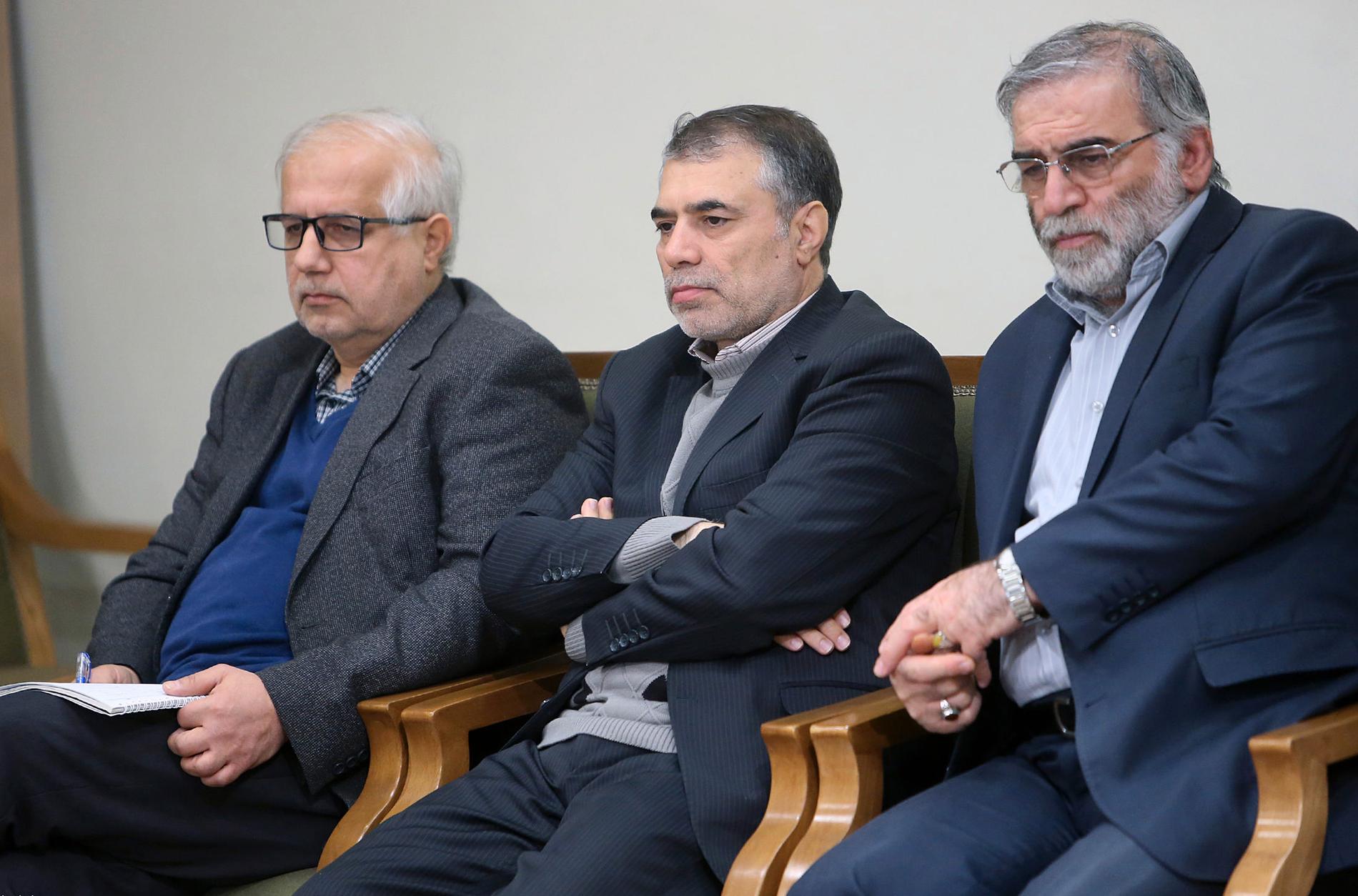 Mohsen Fakhrizadeh längst till höger under ett möte med Ayatollah Khamanei