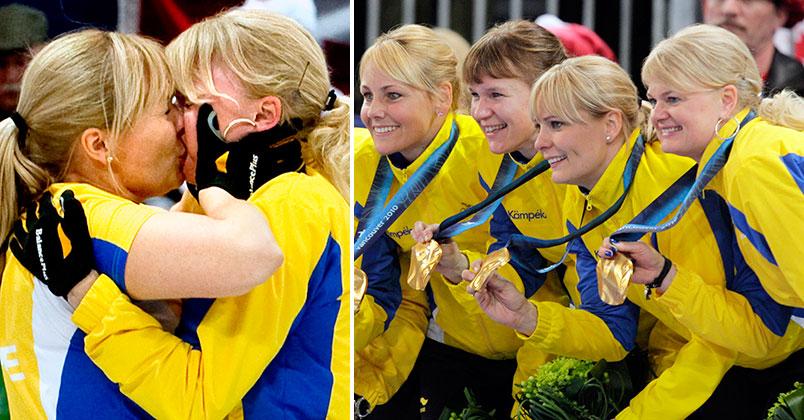 Lag Anette Norberg firar OS-guldet i Vancouver