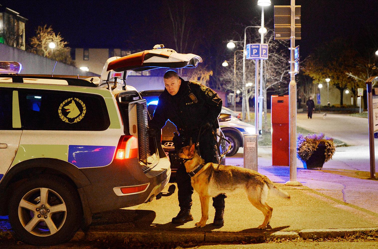 Poliser med hundar deltar i pådraget.