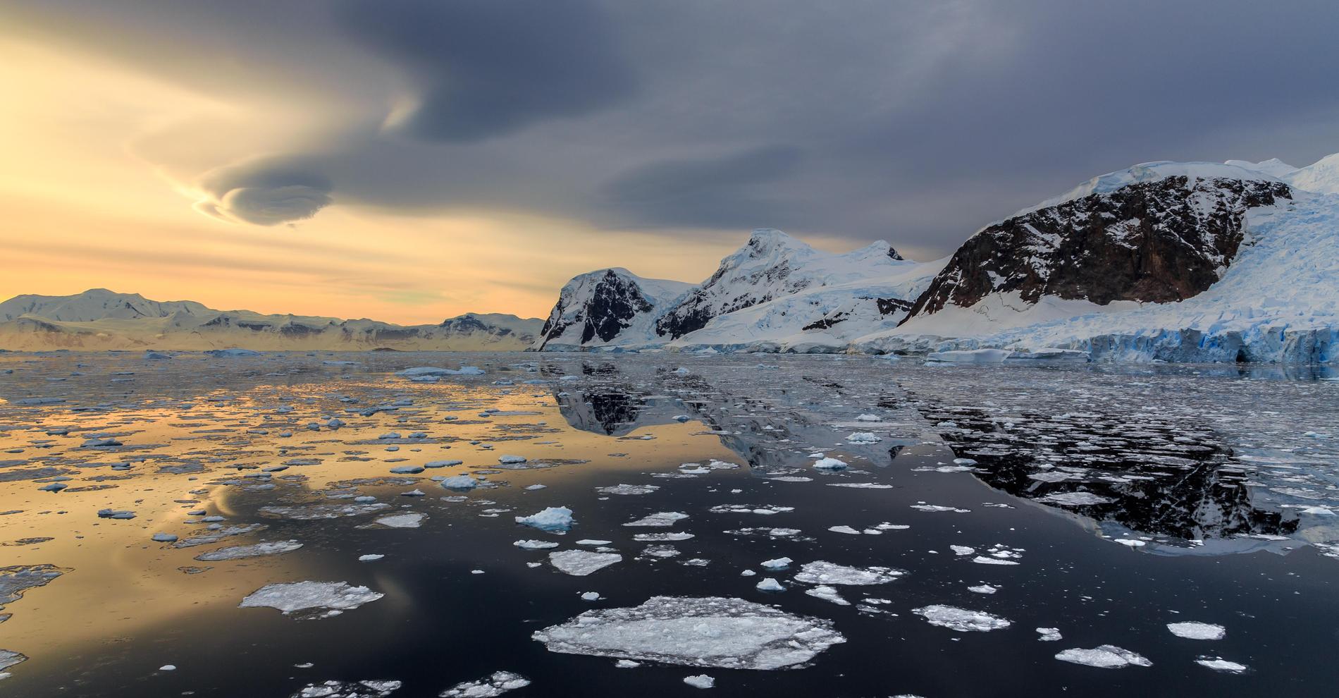 Isberg flyter på vattnet i Antarktis.