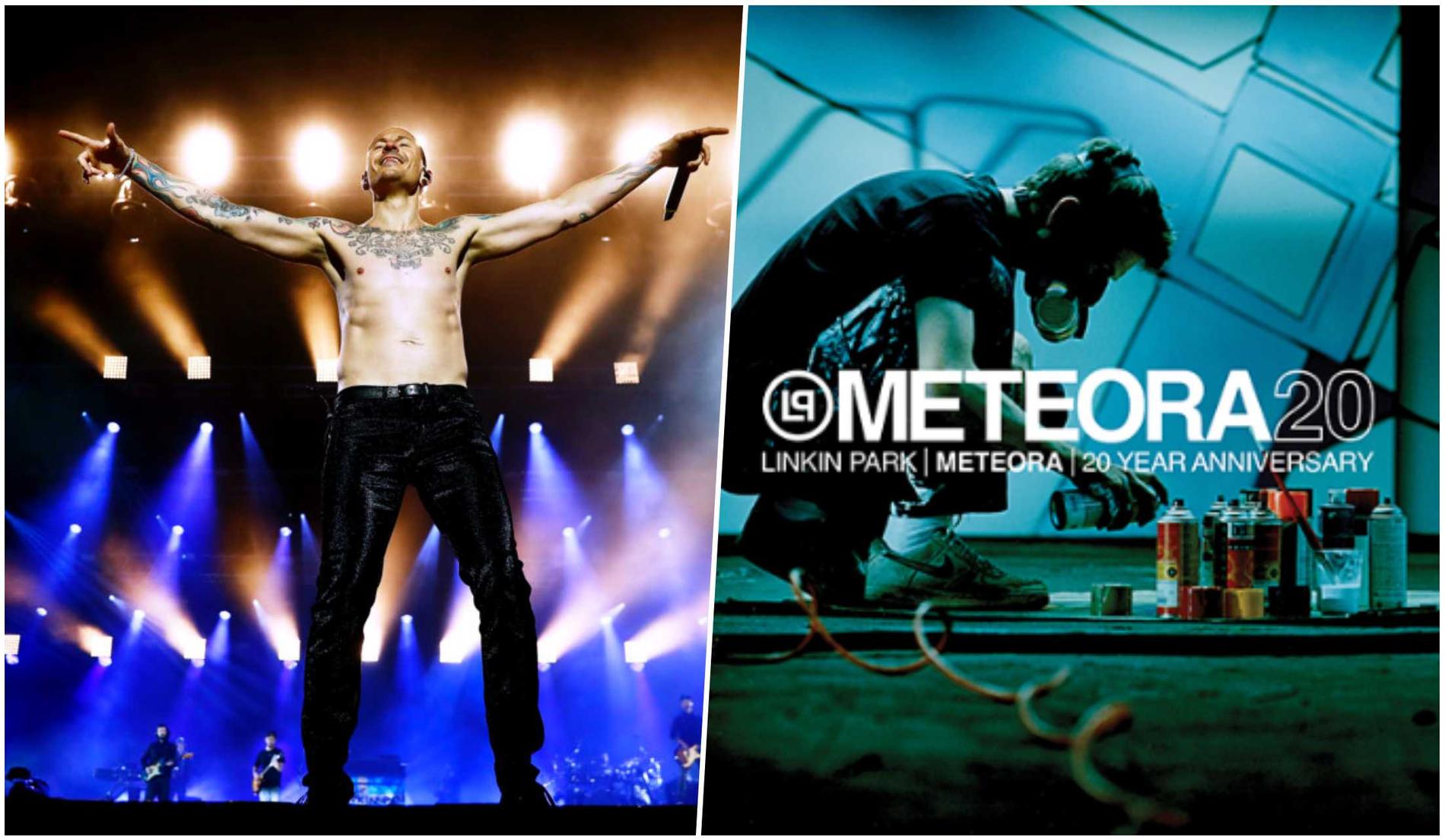 Chester Bennington på Bråvallafestivalen 2017 (vänster) och omslaget till jubileumsversionen av ”Meteora” (höger).