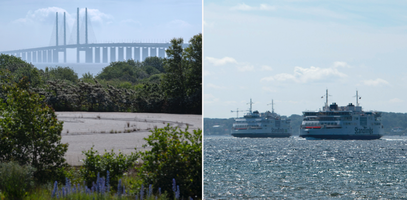 Öresundsbron och färjor på vattnet mellan Danmark och Sverige.