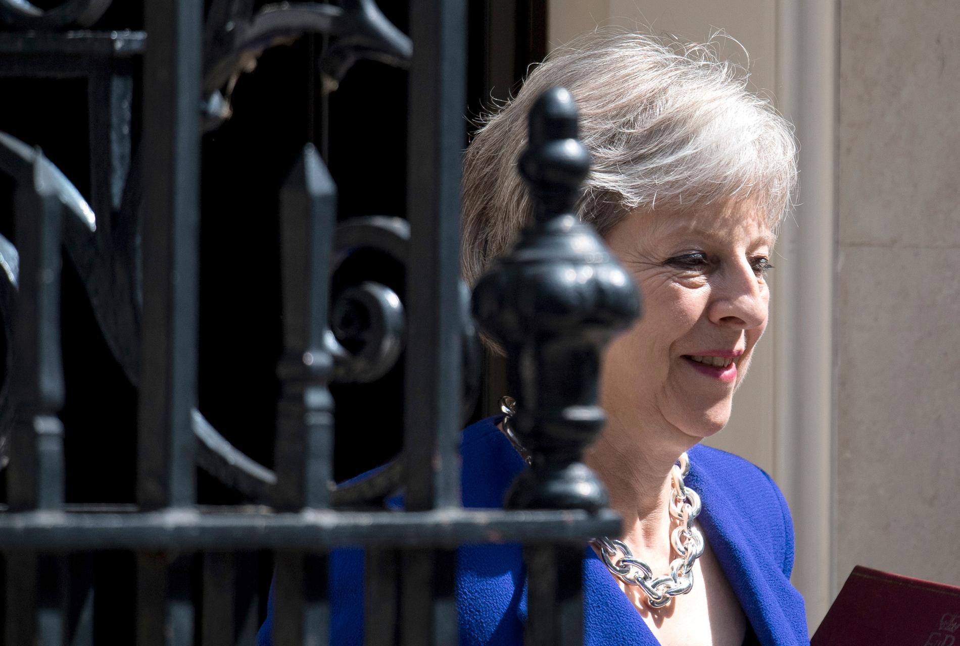 Premiärminister Theresa May vid sin bostad på Downing Street i London, den tänkta brottsplatsen. Arkivbild.