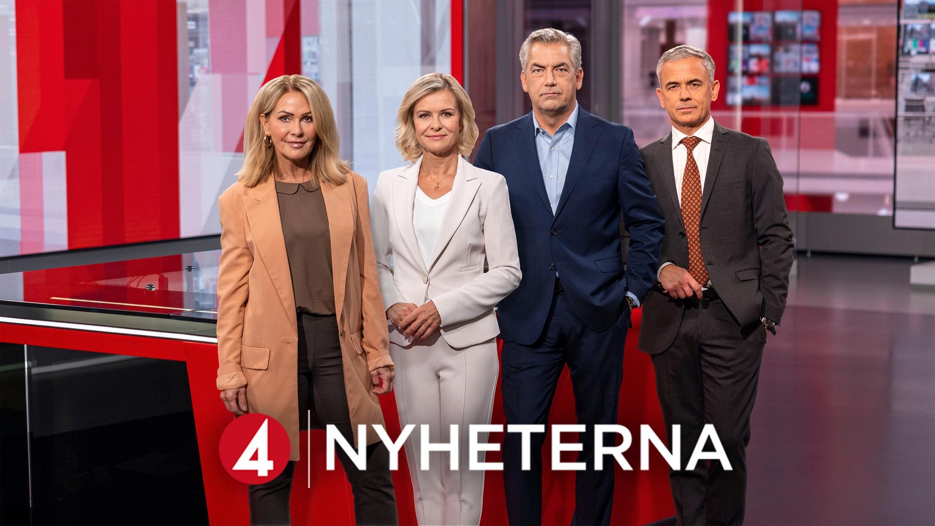 Programledarna i TV4:s nyhetssändning. Anna Lindmarker, Ulrika Nilsson, Anders Kraft och Peter Lindgren.
