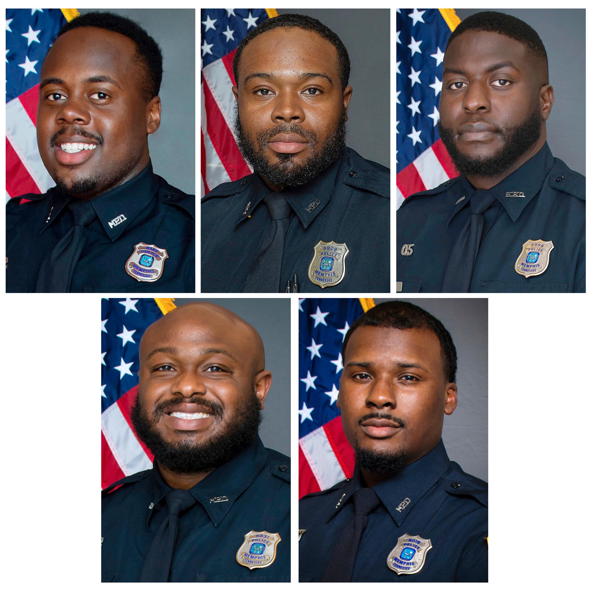 De fem åtalade polismännen: Taddarius Bean, Demetrius Haley, Emmitt Martin III, Desmond Mills Jr och Justin Smith.