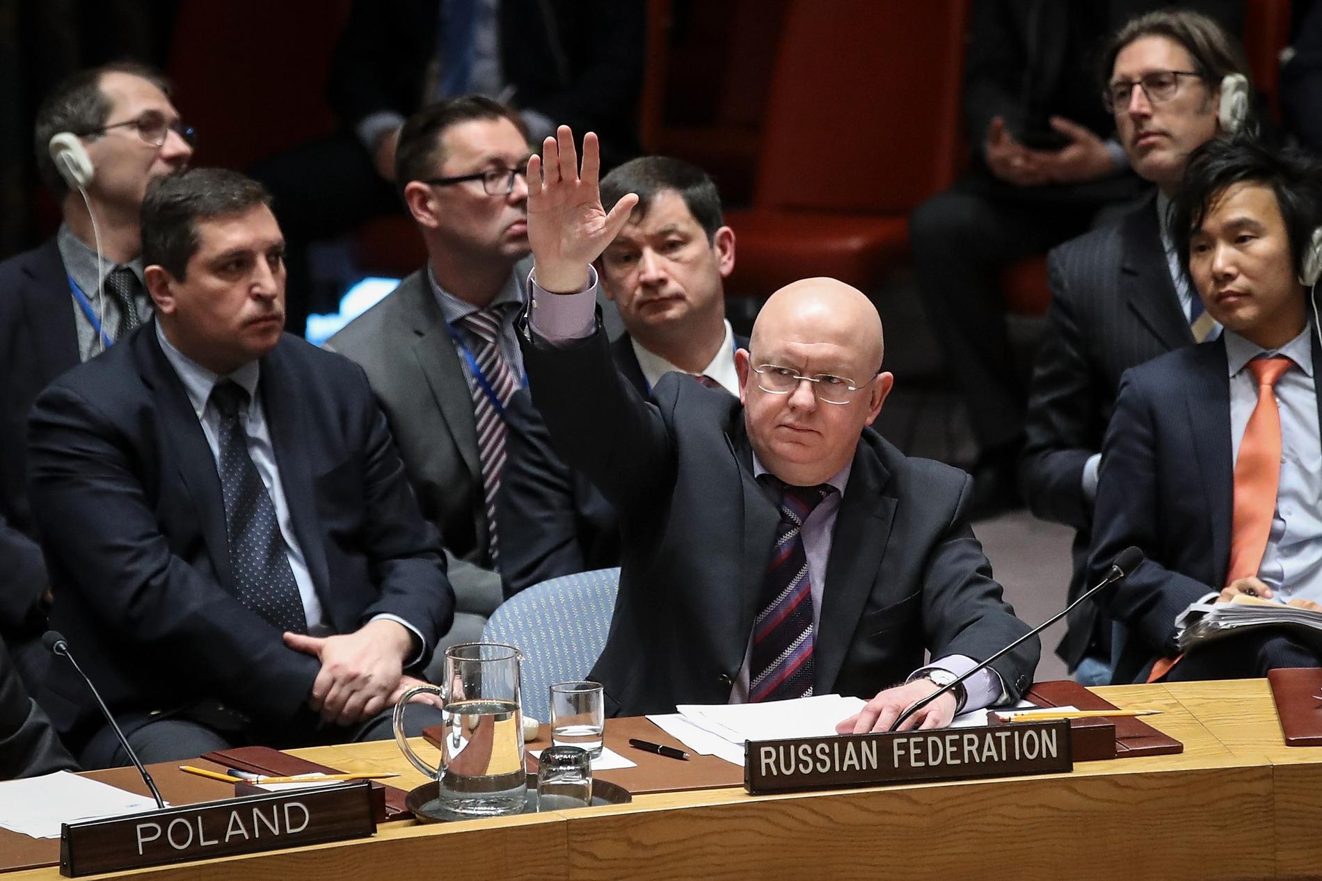 Den ryske FN-ambassadören Vassilij Nebenzia utnyttjade landets vetorätt i FN för tolfte gången när det gäller åtgärder mot Assad-regimen i Syrien.