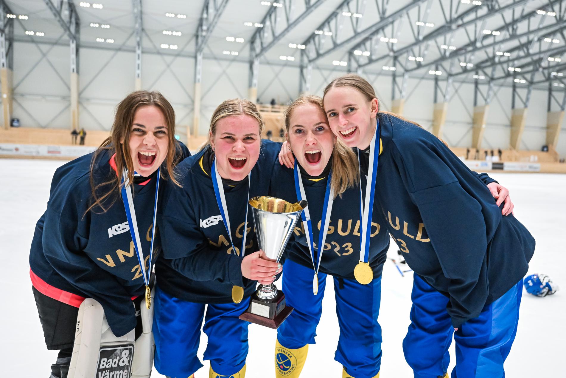 Målvakten Isabelle Larsson, Kajsa Ericsson, Gabriella Aronsson and Mathilda Eklund firar VM-guldet. 