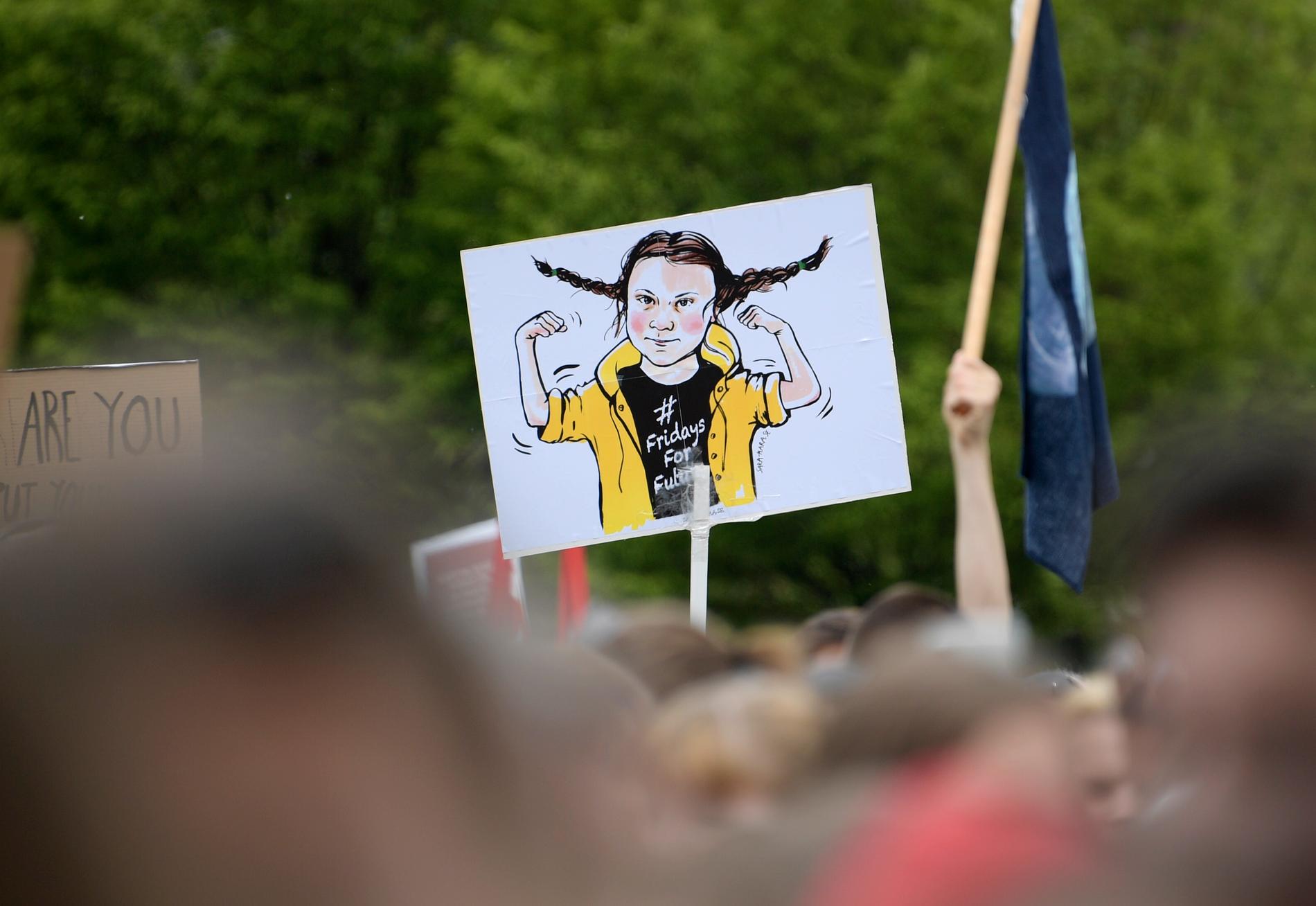 Greta Thunberg ritad som Pippi Långstrump på ett plakat under demonstrationen Global Strike for Future i Stockholm i maj i fjol. Arkivbild.