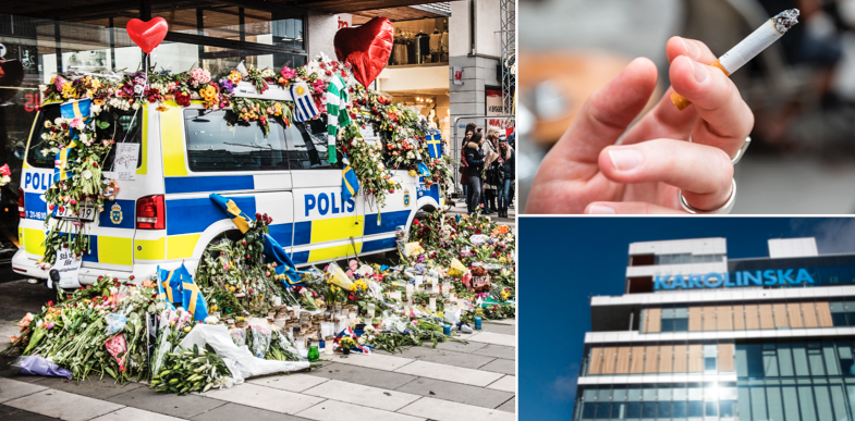 Polishyllning efter terrordådet på Drottninggatan, en rökare och Karolinska.
