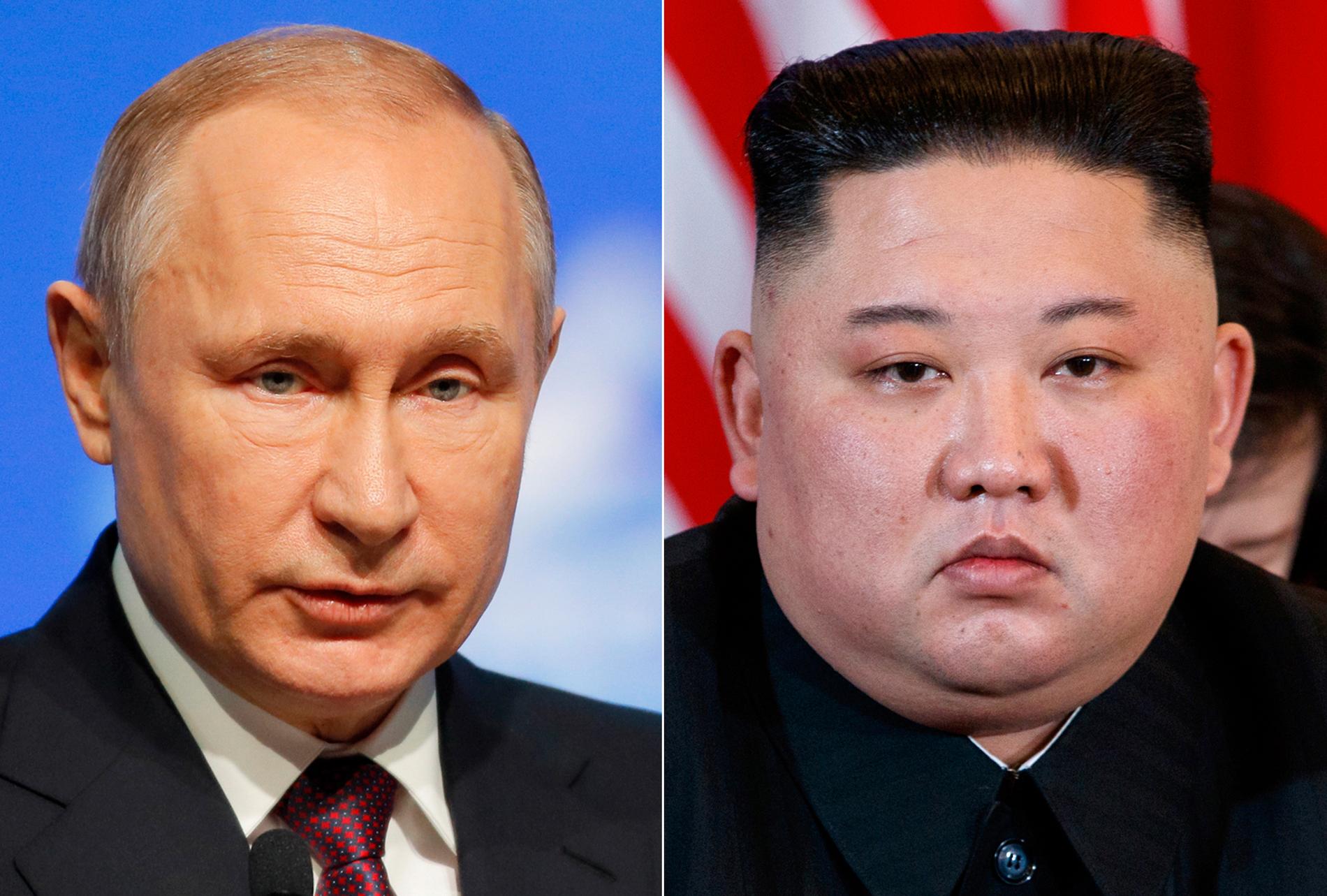 Rysslands president Vladimir Putin och Nordkoreas ledare Kim Jong-Un. Arkivbilder.