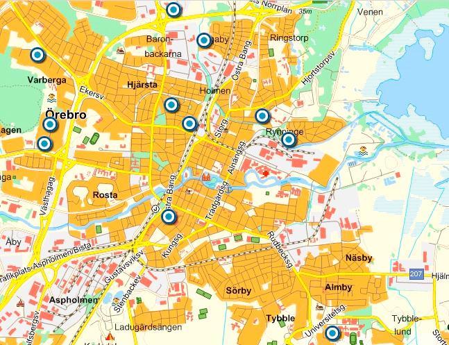 På de här platserna har överfallen i Örebro det senaste året ägt rum. (Klicka för större version)