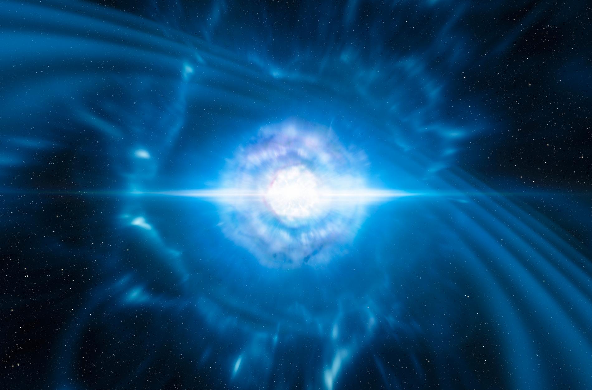 Så här föreställer sig ESO:s rymdkonstnärer sammansmältningen av två pyttesmå, men mycket täta neutronstjärnor. Här visas ögonblicket då sammanslagningen avslutas med en explosion, en så kallad kilonova. I dessa explosioner skapas större delen av de tyngsta grundämnen, som guld och platina, som finns i universum. Arkivbild.