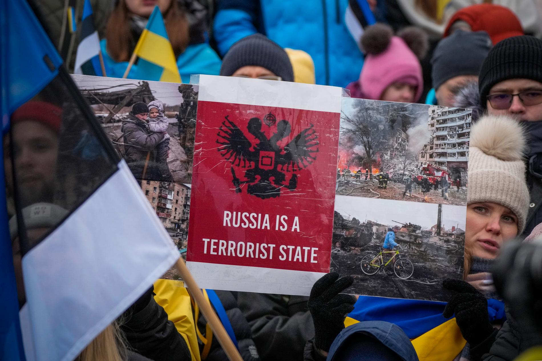 Ester och ukrainare vid en demonstration mot Rysslands krig i Ukraina i Tallinn förra veckan.