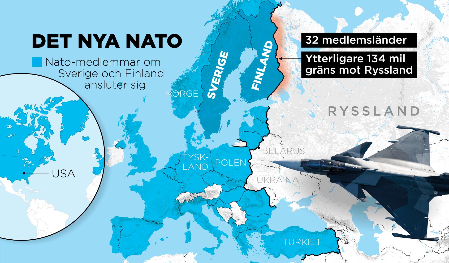 Kartan visar militäralliansen Natos 32 medlemsländer om Sverige och Finland ansluter sig.