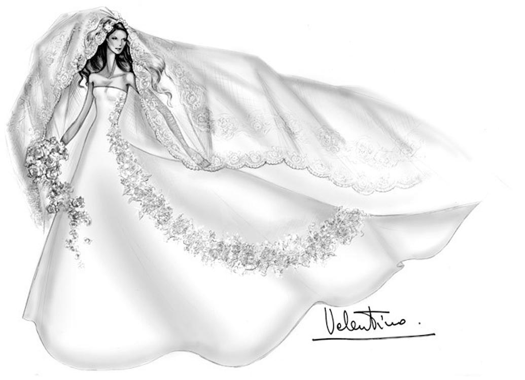 Valentinos skiss på Athina Onassis brudklänning när hon gifte sig med Doda Miranda de Neto 2005.  750 gäster och lika många livvakter var med på den hemliga bröllopsfesten i Brasilien.