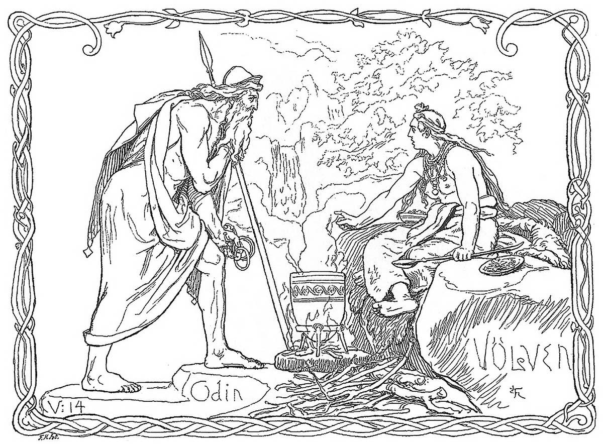Oden och Völvan från ”Völuspa” (Völvans spådom), en av de viktigaste dikterna i ”Den poetiska Eddan”. Illustration av Lorenz Frølich 1895.