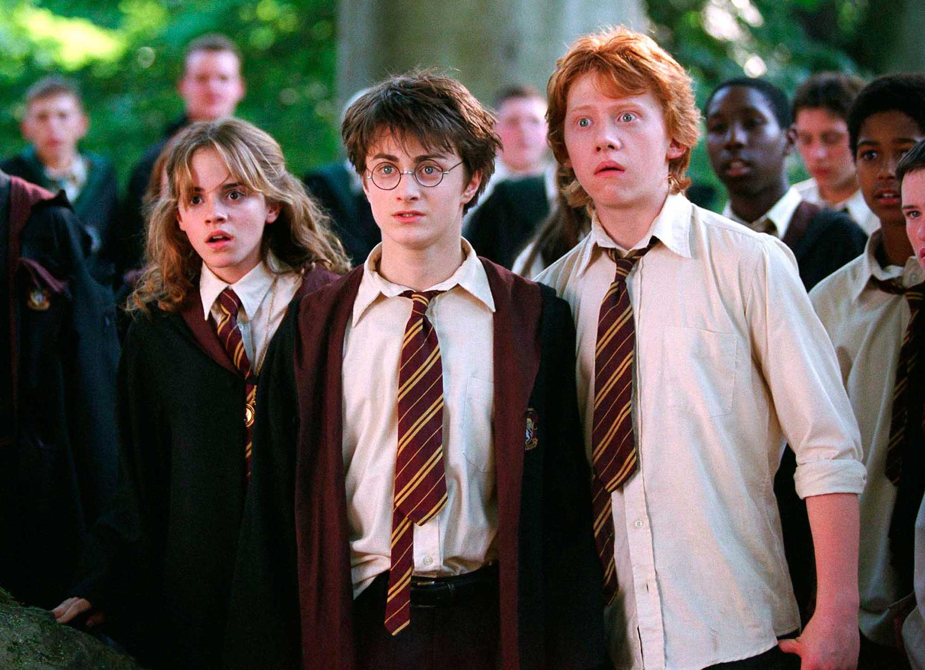 Emma Watson som Hermione Granger, Daniel Radcliffe som Harry Potter och Rupert Grint som Ron Weasley i filmen "Harry Potter och fången från Azkaban".