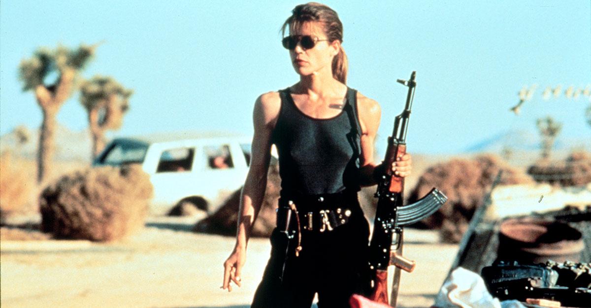 Skådespelerskan Linda Hamilton i filmen Terminator 2 från 1991.