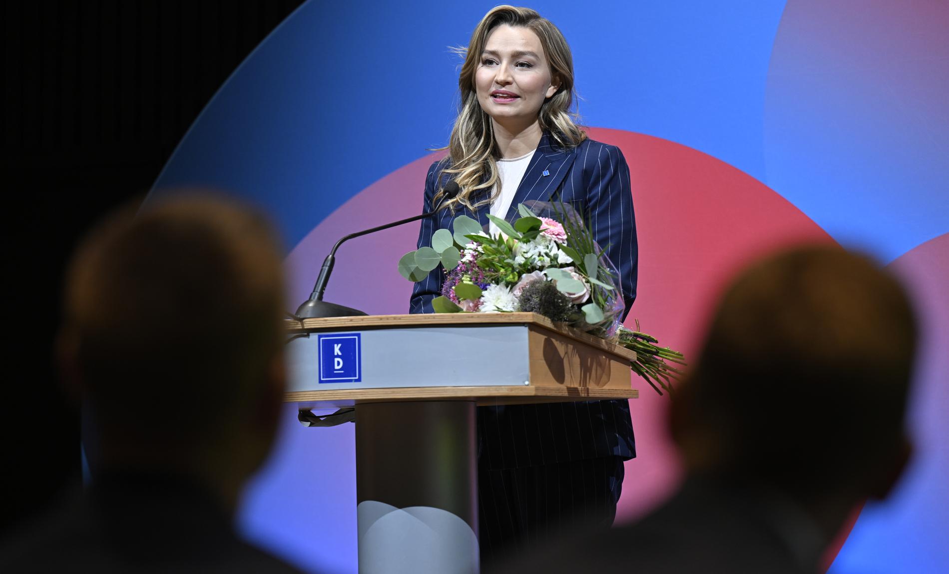 Ebba Busch (KD) valdes om som partiledare på Kristdemokraternas riksting i Helsingborg.