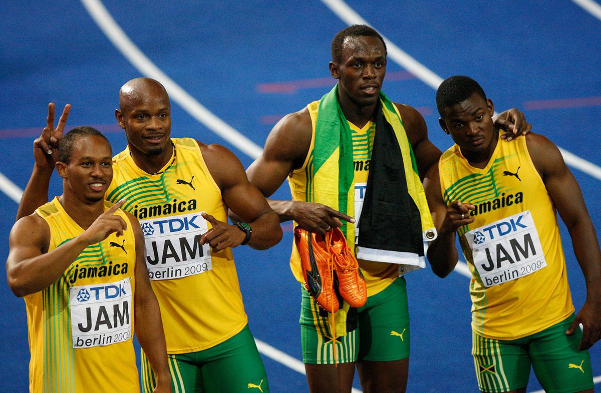 Steve Mullings, längst till höger, var med i laget som vann VM-guld 2009 på 4x100 meter tillsammans med Michael Frater, Asafa Powell och Usain Bolt.
