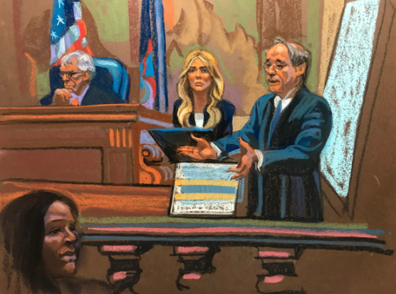 Rättegångsteckning av Ivanka Trump i vittnesbåset. 
