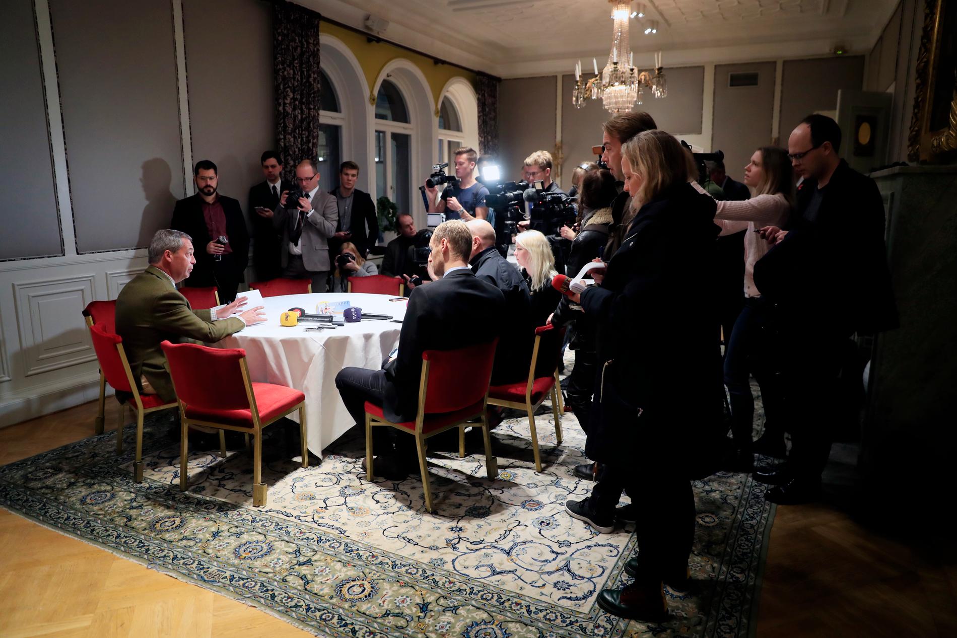 Nigel Farage, från brittiska Ukip är på Grand Hotel i samband med Sverigedemokraternas pressträff med Jimmie Åkesson, Vaclav Klaus och Nigel.