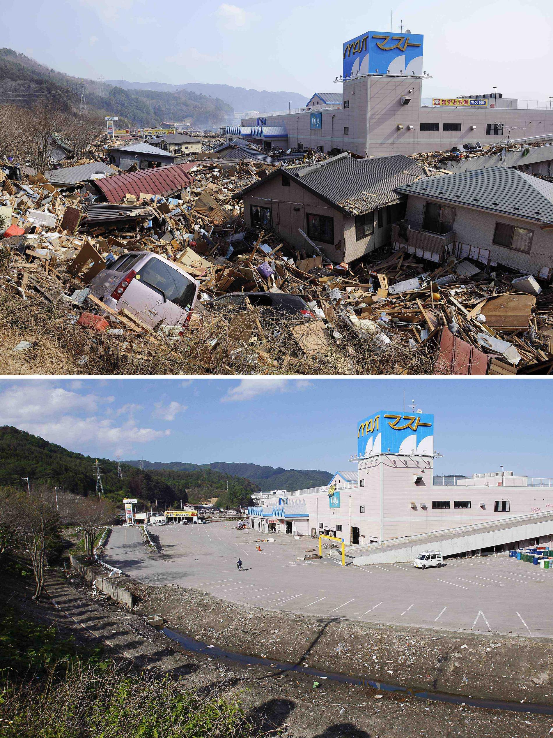Otsuchi efter katastrofen och i dag.