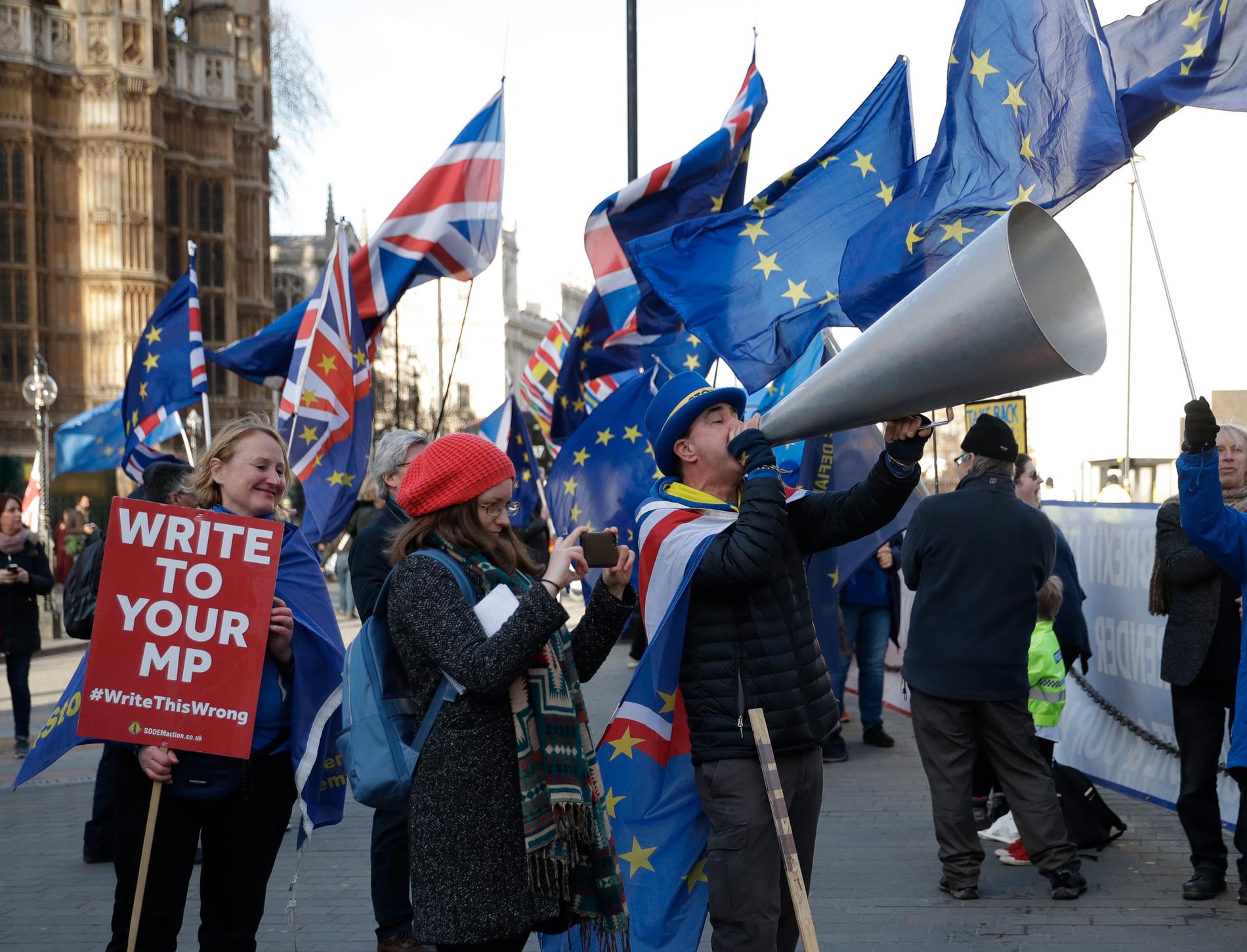 Demonstranter i London inför parlamentets fortsatta debatt om utträdelseavtalet ur EU. Arkivfoto.