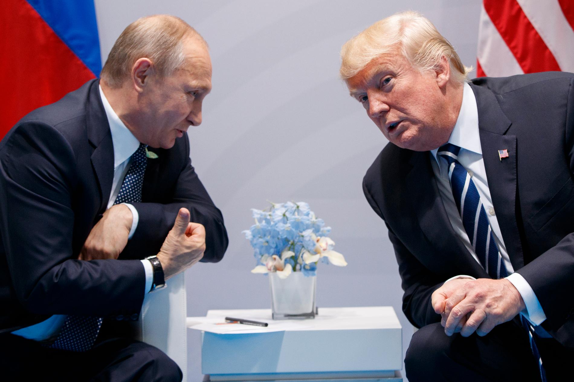 De båda presidenterna Vladimir Putin och Donald Trump i samband med ett G20-möte i Hamburg förra året. Arkivbild.
