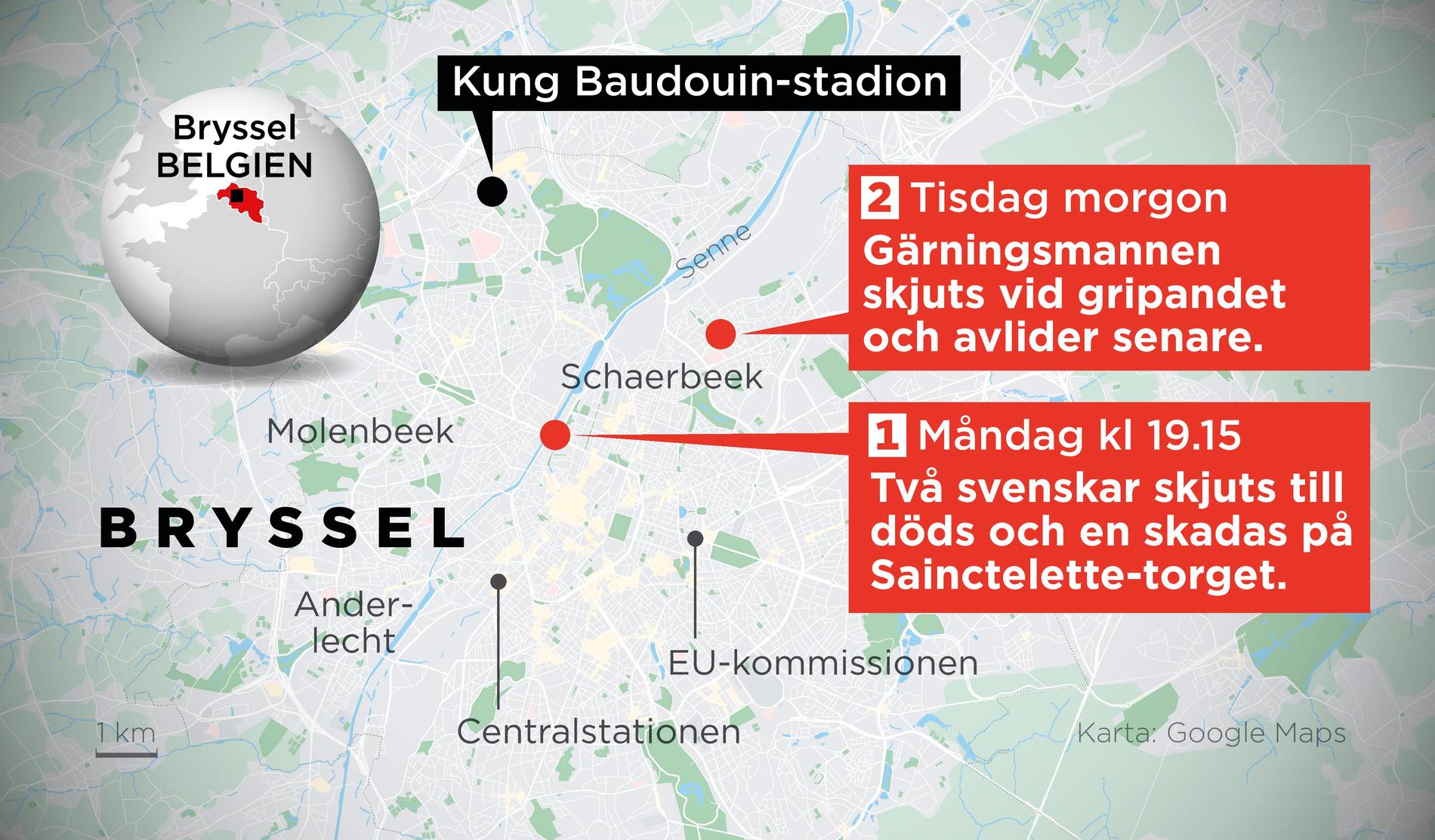 Kartan visar var terrorattentatet i Bryssel skedde under måndagen samt var gärningsmannen greps under tisdagsmorgonen.
