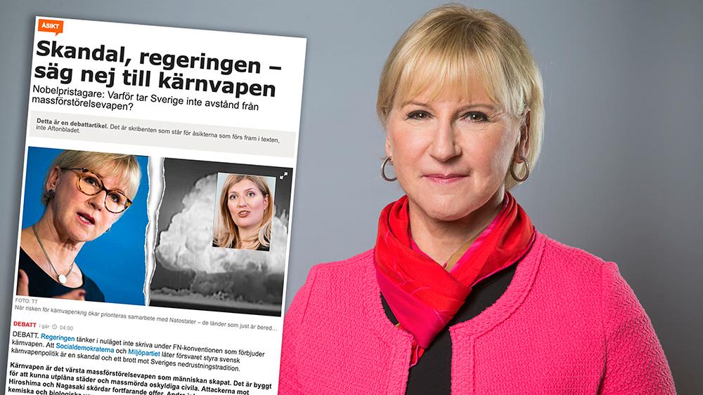  Att jämföra Sveriges regering med Trump och påstå att vi böjer oss för stormakter är inte hederligt. Det skadar den seriösa debatt som finns om kärnvapennedrustning och riskerar att försvaga arbetet för en kärnvapenfri värld, skriver utrikesminister Margot Wallström (S). 