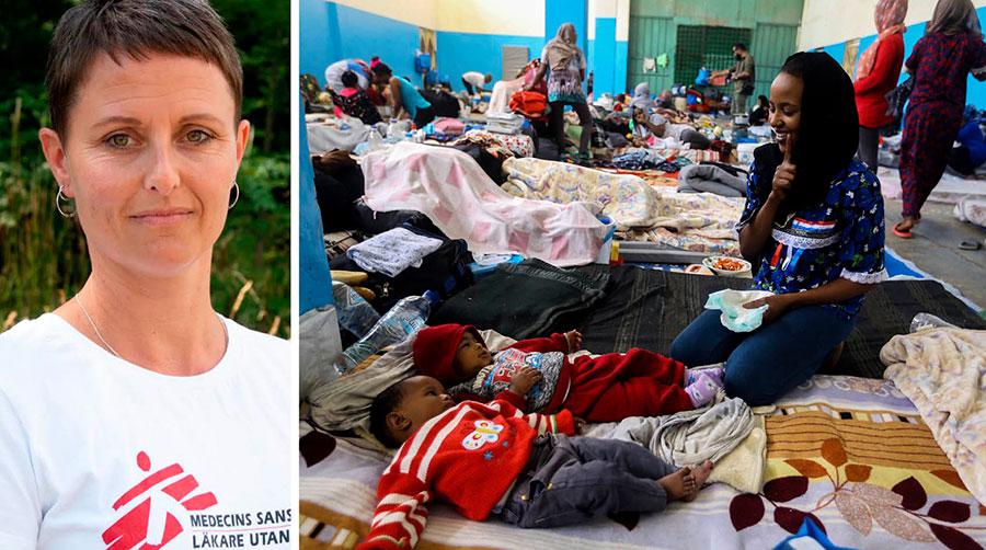 Sverige måste stå upp för utsatta människor och stoppa den inhumana politiken som tvingar kvar dem i Libyen, skriver Karin Ekholm. Bilden är från ett flyktingförvar i Zawya, väster om Tripoli Libyen, i april i år.