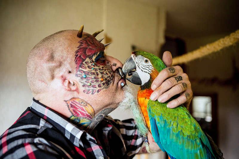 unik fågel Wacky Ted Richards, 56, har 110 tatueringar, 50 piercingar och en kluven tunga – men inga öron. Målet är att likna sina husdjur, alltså att se ut som en riktig papegoja. Nu ska han fixa en näbb av näsan också.