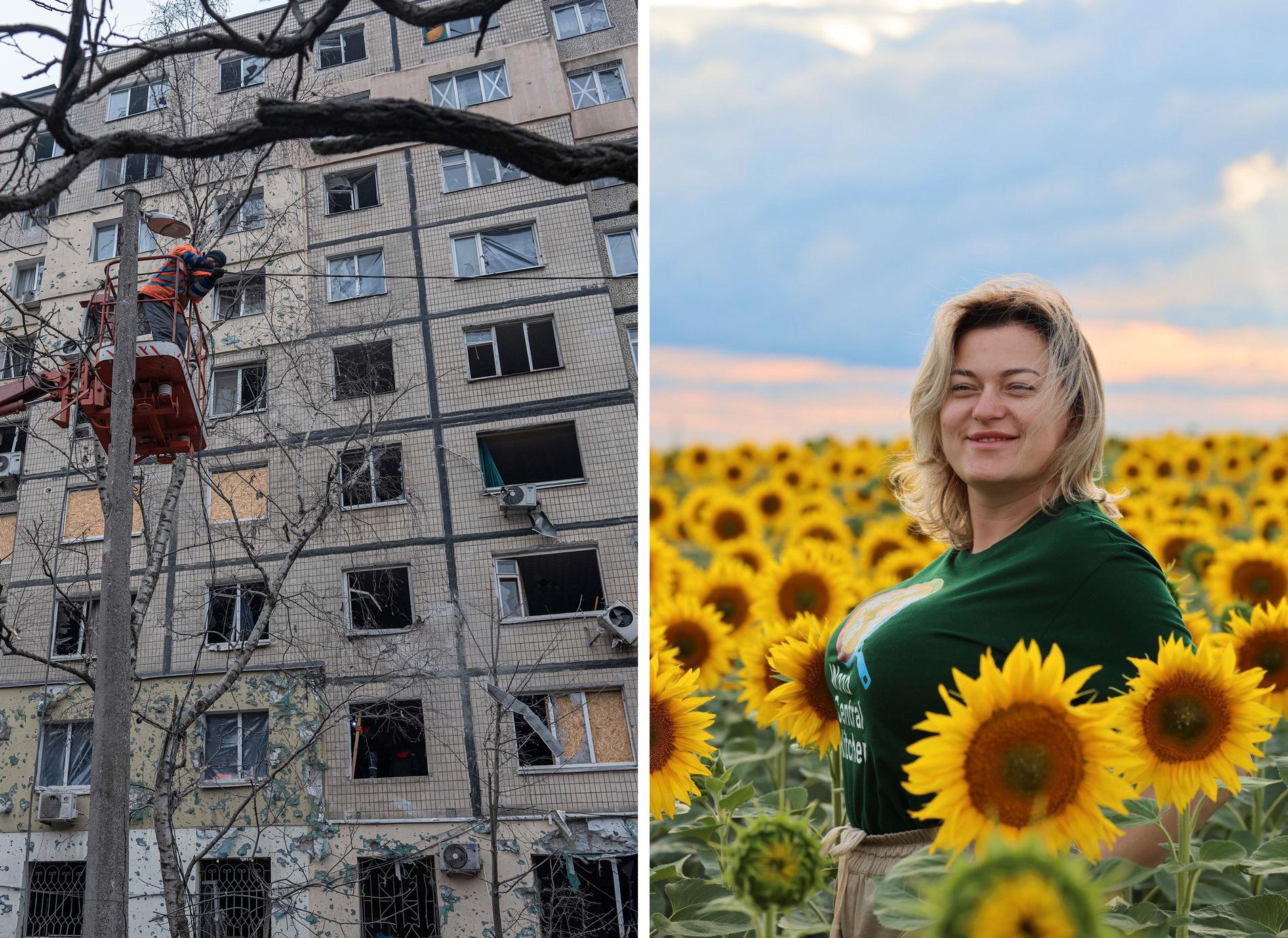 Till vänster ses pågående reparationer av ett flerfamiljshus i Dnipro i januari 2023. På bilden till höger står Anastasija Logutenko på ett solrosfält. Hon driver välgörenhetsstiftelsen Peremoga ("seger").