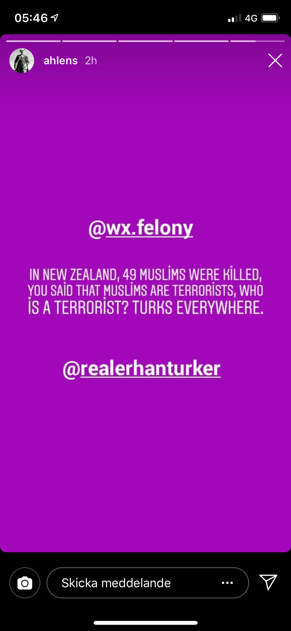 Via Story-funktionen kommenterades terrordådet på Nya Zeeland.