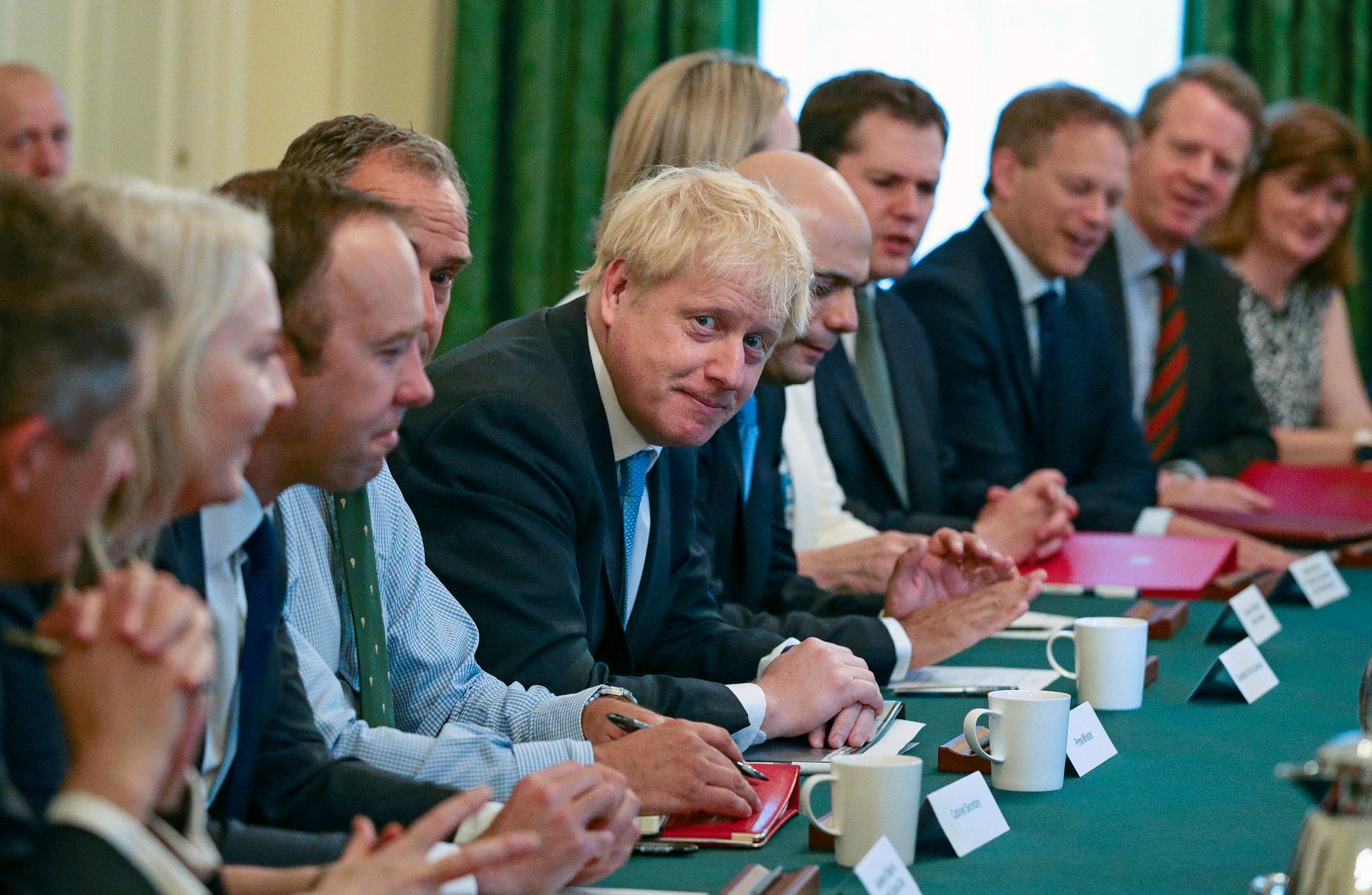 Storbritanniens nya premiärminister Boris Johnson i sitt första regeringssammanträde. Arkivbild.