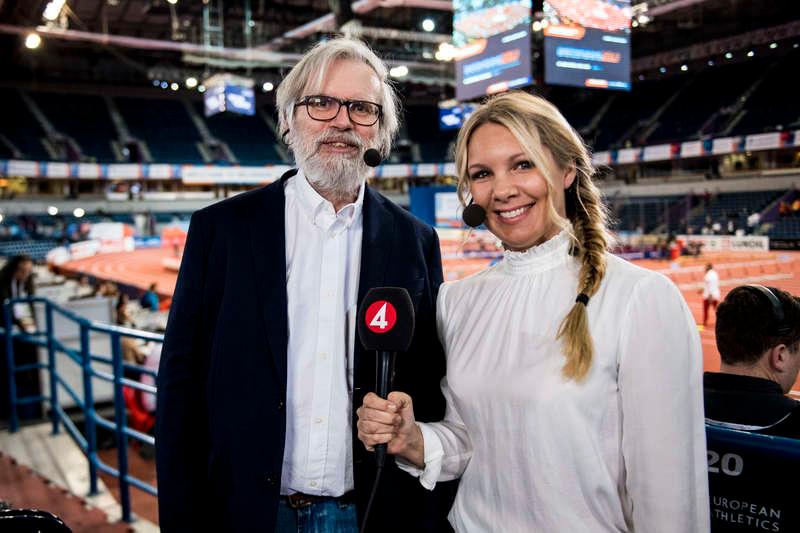TV4:as Lennart Julin och Anna Brolin under inomhus-EM i friidrott den 3 mars 2017 i Belgrad.