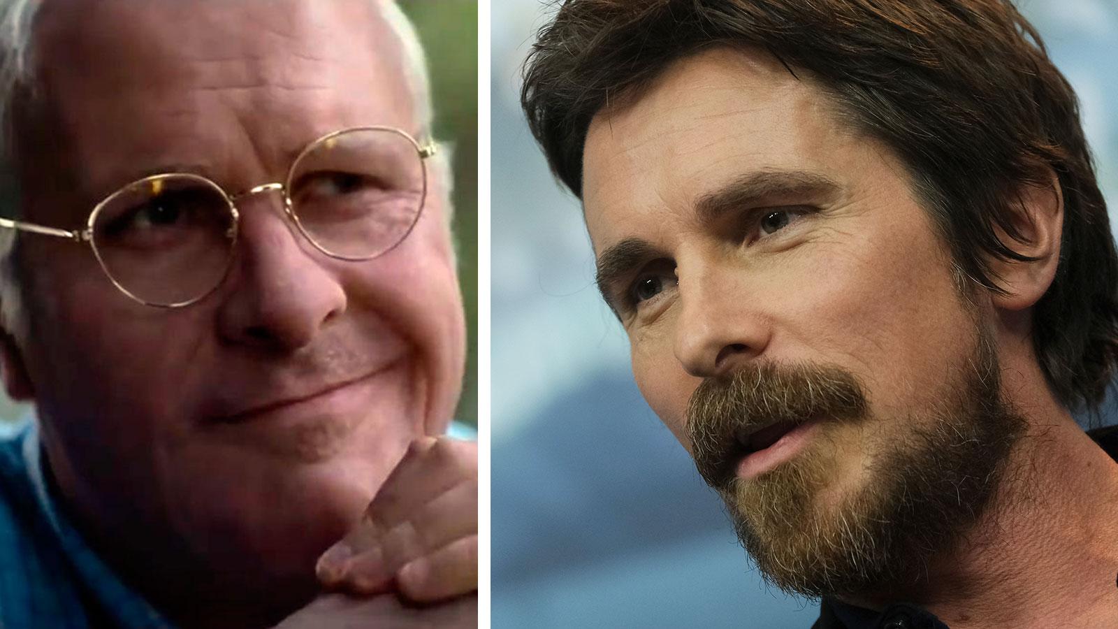 Christian Bale som Dick Cheney (t v) och som sig själv på filmfestivalen i Berlin (t h).