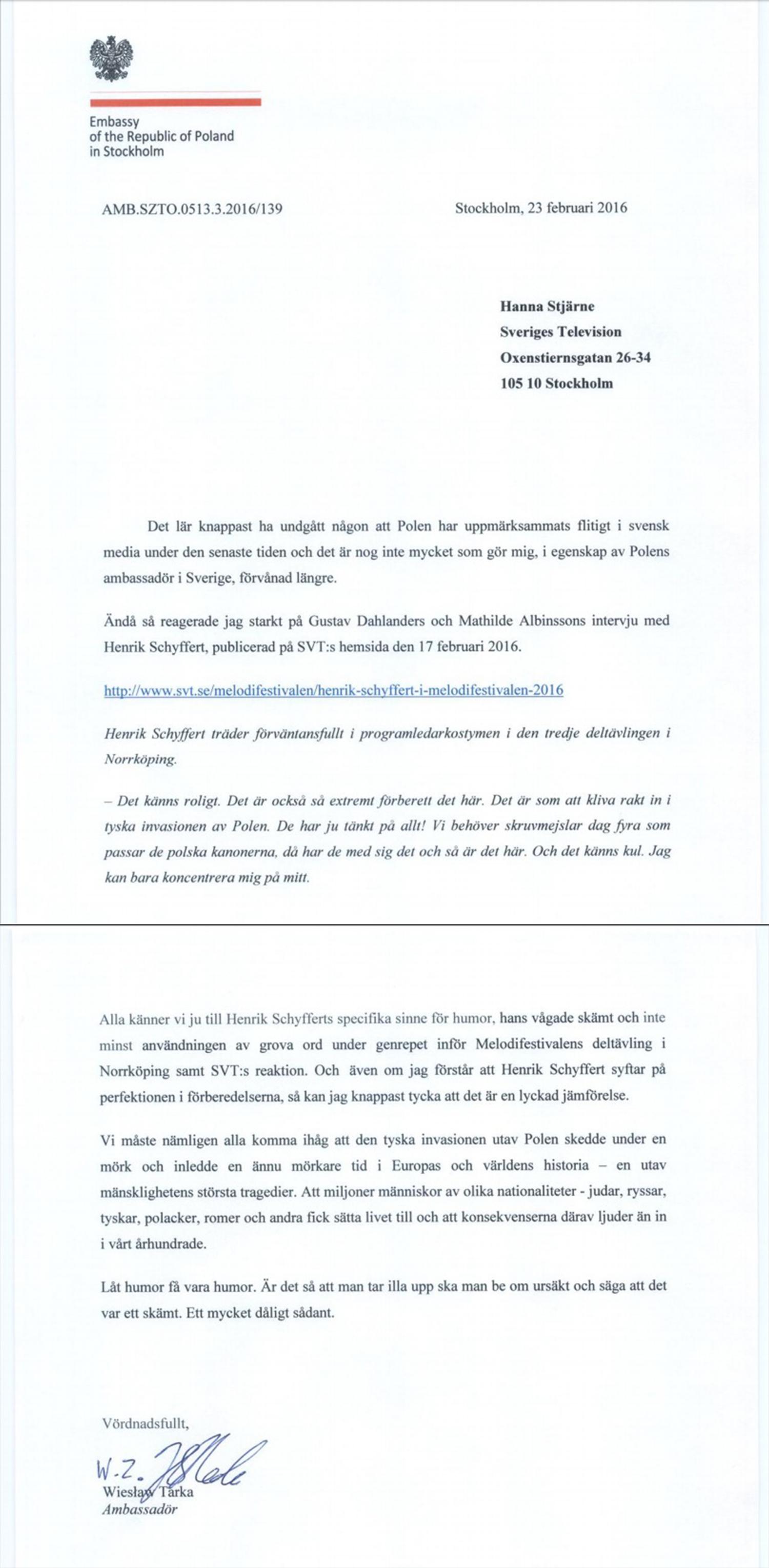 Här är brevet som polska ambassadören Wiesław Tarka skickade till SVT:s vd Hanna Stjärne.