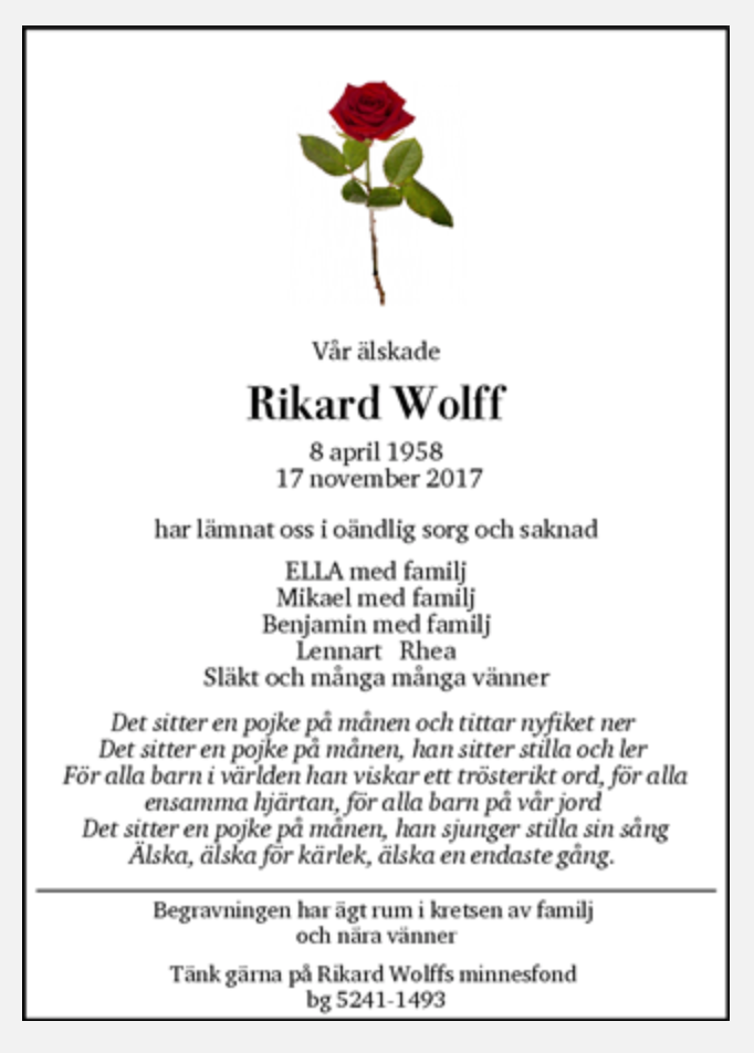 Rikard Wolffs dödsannons publicerades den 3 december.