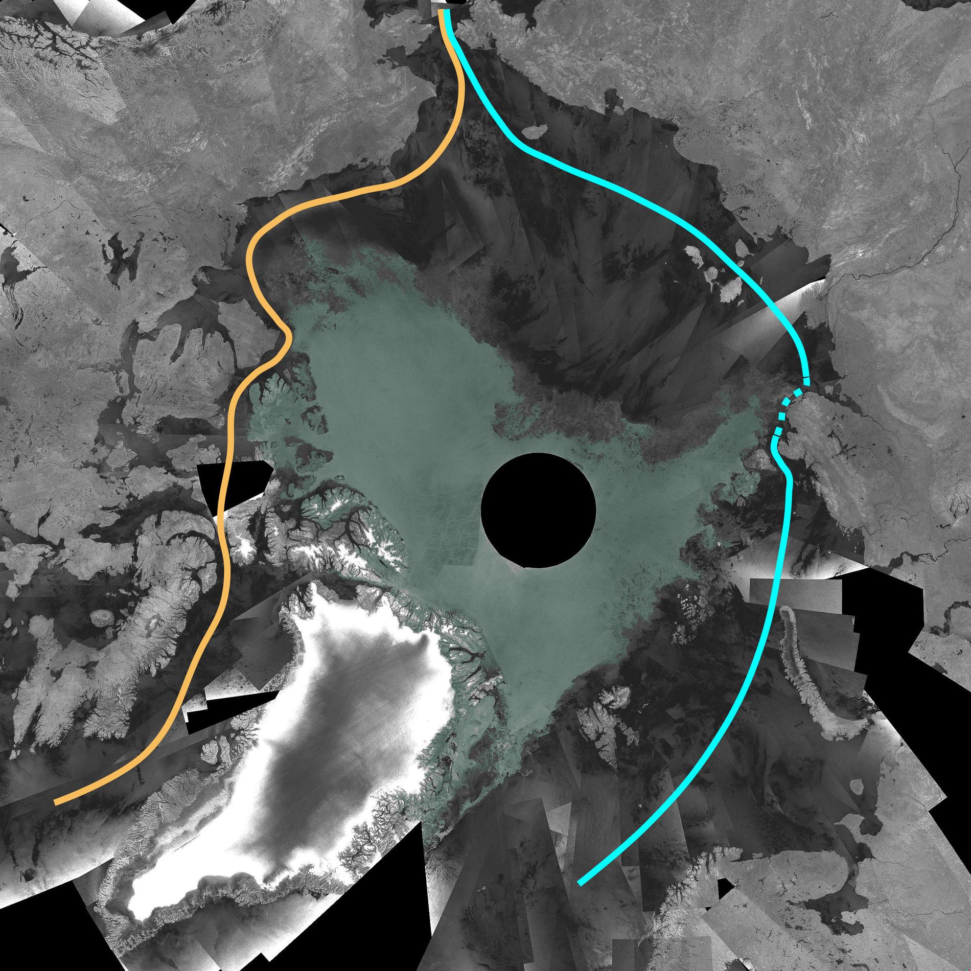 SJÖVÄGEN GENOM ARKTIS ÖPPEN De nya satellitbilderna visar att den tidigare stängda sjövägen genom Arktis nu blivit framkomlig. Den gula markeringen visar Nordvästpassagen norr om Kanada som nu är helt farbar. Den blå markeringen visar Nordostpassagen norr om Ryssland där det streckade området fortfarande är spärrad av is.