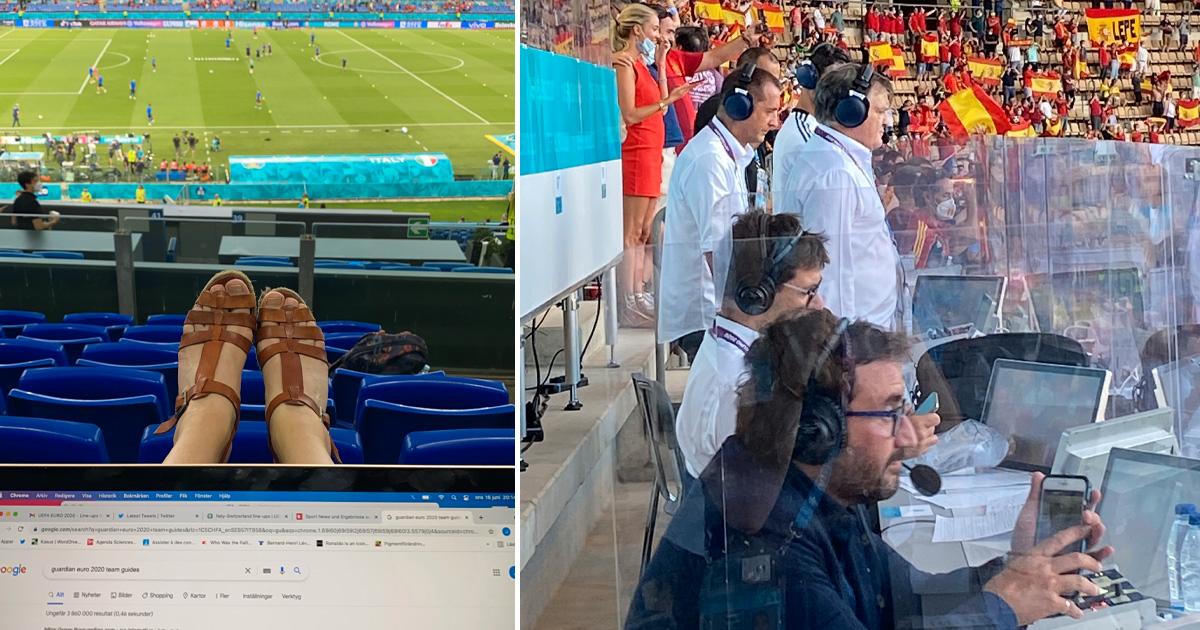 Till vänster: Inget skrivbord på Olimpico (innan det löste sig). Höger: Avstånd och plexiglas mellan kommentatorer på La Cartuja-arenan i Sevilla. 