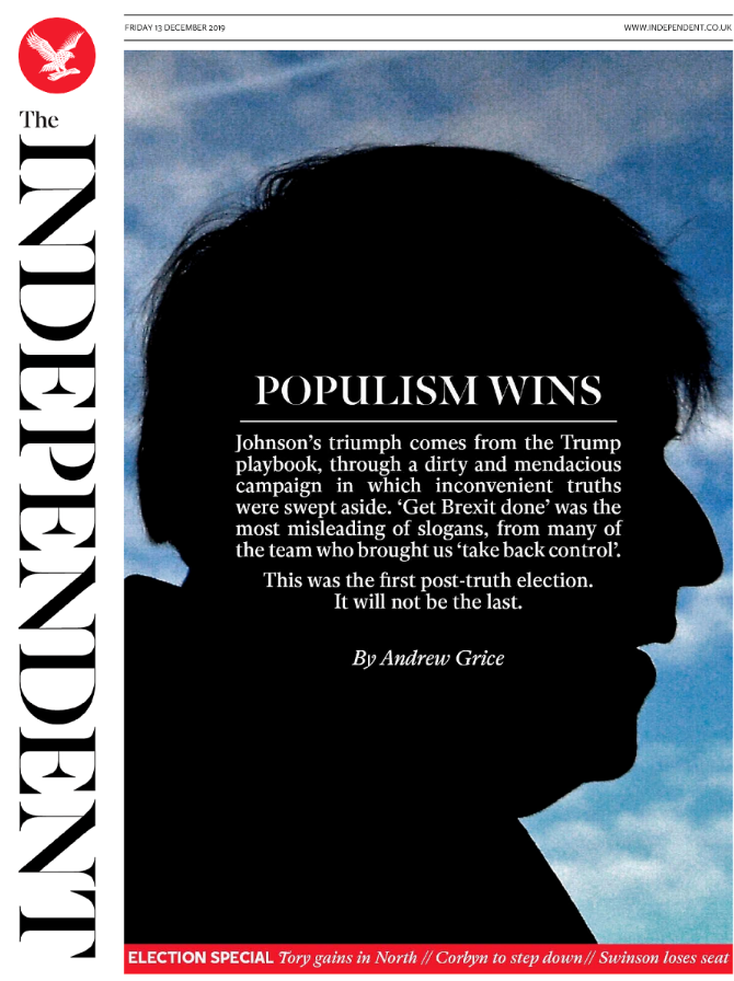 The Independent räknas som liberaldemokratisk och förstasidan i dag är mörkare än många av konkurrenternas.