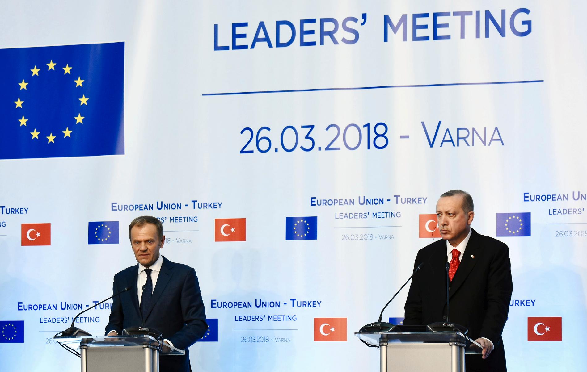 EU:s permanente rådsordförande Donald Tusk och Turkiets president Recep Tayyip Erdogan under ett möte förra året. Arkivbild.