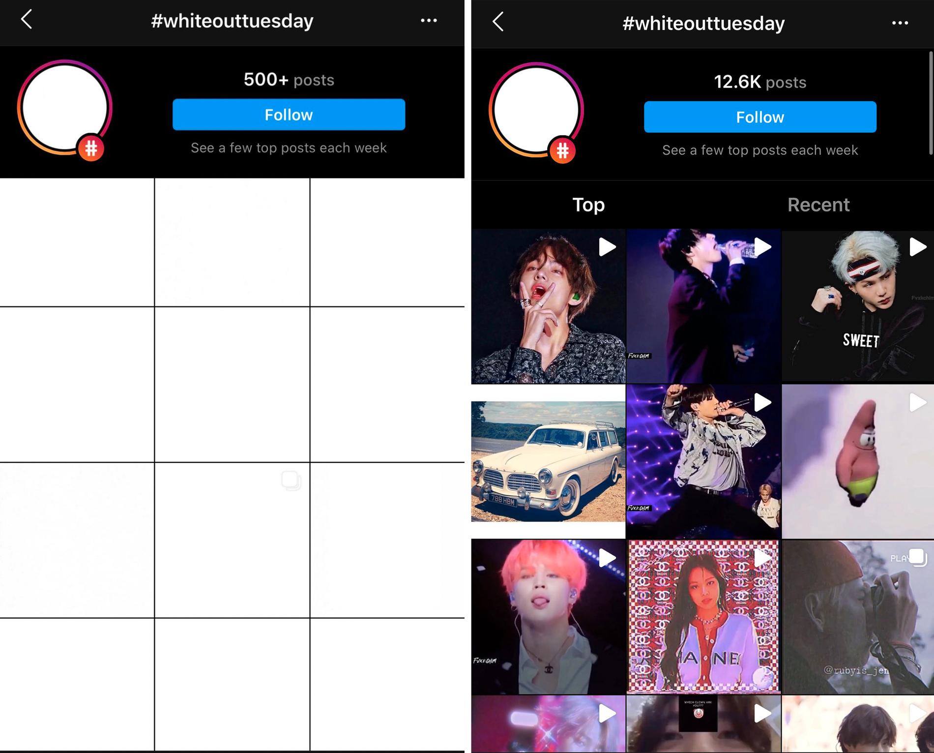 Hashtaggen #Whiteouttuesday på Instagram, ett svar på BLM-rörelsens #blackouttuesday, som det såg ut före och efter K-pop-fansens inblandning i tisdags. 