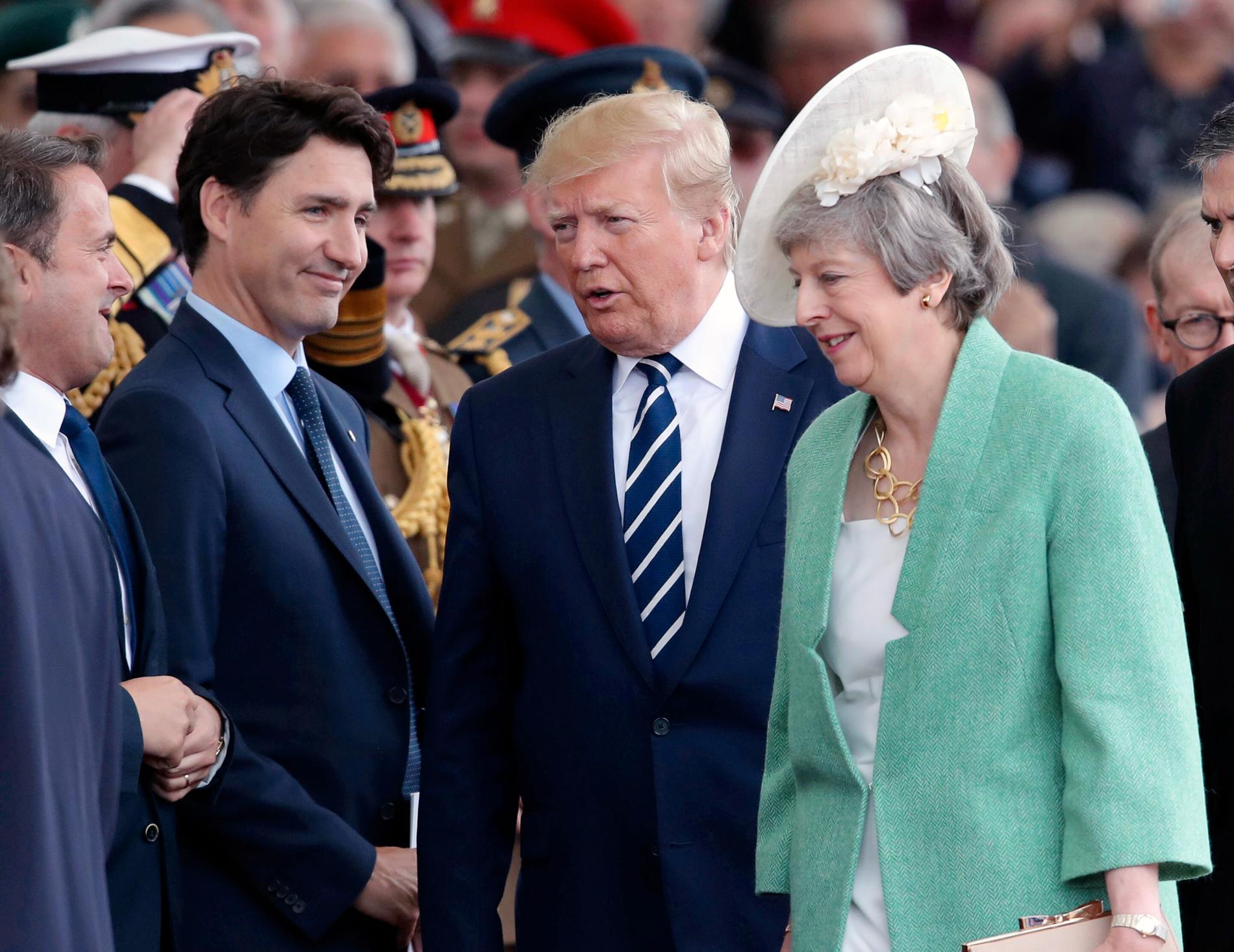 Kanadas premiärminister Justin Trudeau, USA:s president Donald Trump och Storbritanniens premiärminister Theresa May under ceremonin som hålls i Portsmouth med anledning av högtidlighållandet av D-dagen för 75 års sedan.